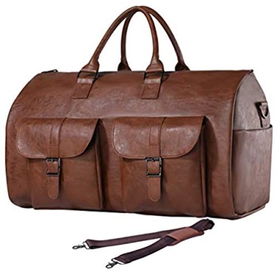 Carry On Garment Bag  Waterproof Mens Garment Bag for Travel Business  Large Leather Duffel Bag with Shoe Compartment -Brown