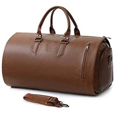 Convertible Leather Garment Bag with Shoes Compartment  Large Carry on Duffel Bag for Men Women - Waterproof Travel Weekender Suit Bag Brown