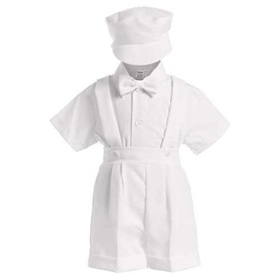 4-Piece Christening Baptism Suspender Short Set - Black or White Cap Bowtie