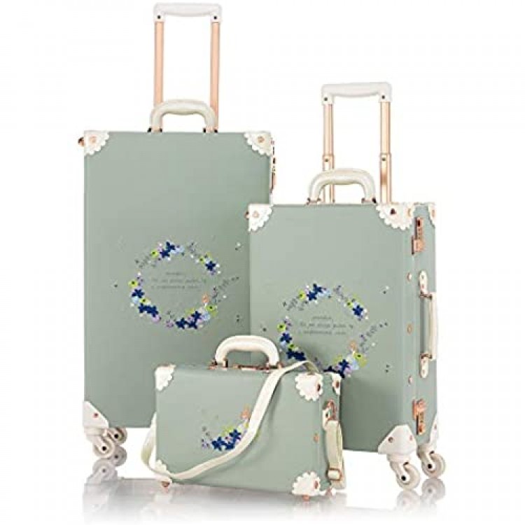 COTRUNKAGE 3 Piece Vintage Luggage Set 20 26 Embroid Floral Rolling Suitcase for Women with 13 Luggage Bag Matcha Green