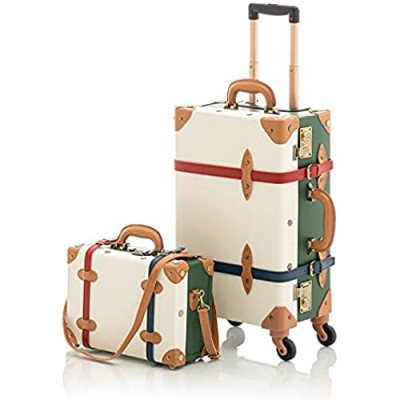 COTRUNKAGE Small 20" Vintage Luggage Set 2 Pieces Carry On Suitcase for Womens  Whitr/Green (13" & 20")
