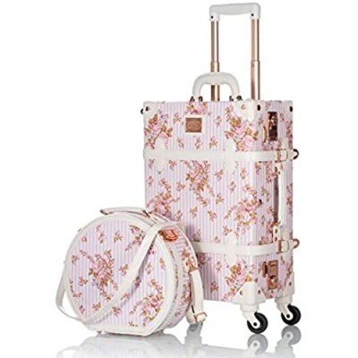 COTRUNKAGE Vintage Trunk 2 Piece Luggage Set TSA Lock Carry On Suitcase for Women with wheels (Hat Box & 20"  Pink)