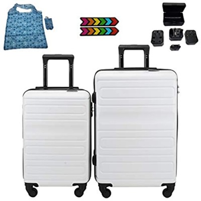 Hardside 2pc Luggage set  20"+24" Spinner-wheel Suitcases  White color with TSA Lock  Exclusive GLARE Sticker system  Universal Travel Adapter and Multipurpose Foldable Bag by Nyftee