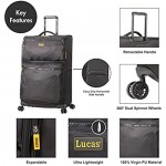 Lucas Designer Luggage Collection - 3 Piece Softside Expandable Ultra Lightweight Spinner Suitcase Set - Travel Set includes 20 Inch Carry On 24 Inch & 28 Inch Checked Suitcases (Black)