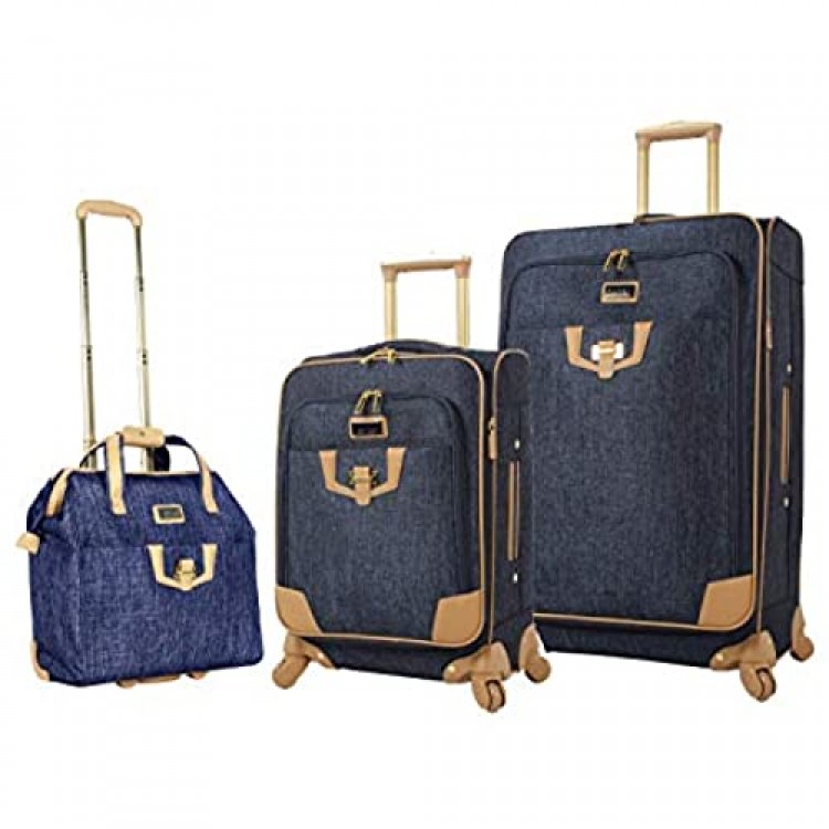 Nicole Miller 3 Piece Softside Luggage - Expandable Lightweight Suitcase Set Includes 15 Inch Under Seat Bag 20 Inch Carry On & 28 Inch Checked Suitcase with Spinner Wheels (One Size Paige Navy)
