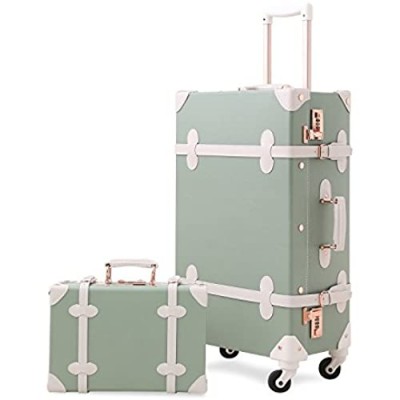 Unitravel 2 Piece Vintage Luggage Set 20 inch Carry on Suitcase with 12 inch Cosmetic Train Case for Women (Matcha Green)