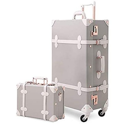 Unitravel Vintage Suitcase Set 26 inch PU Leather Spinner Luggage with 12 inch Train Bag for Women (Light Gray)