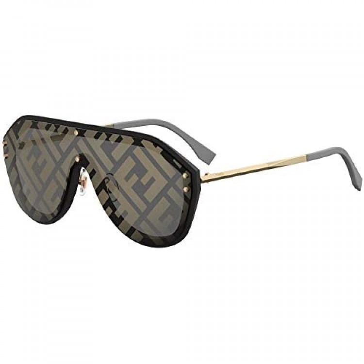 Fendi Men FF M0039/G/S 2M2 7Y Black Gold Plastic Shield Sunglasses Gold Fendi Print Mirror Lens 99-1-145