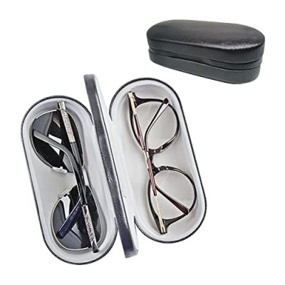 【2-in-1】 Double Glasses Case Hard Shell for Women and Men Dual Eyeglasses Holder Protective for Two Pairs of Glasses Black Color