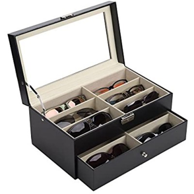 CO-Z Sunglasses Organizer for Women Men  Multiple Eyeglasses Eyewear Display Case  Leather Multi Sunglasses Jewelry Collection Holder with Drawer  Sunglass Glasses Storage Box with 12 Compartments