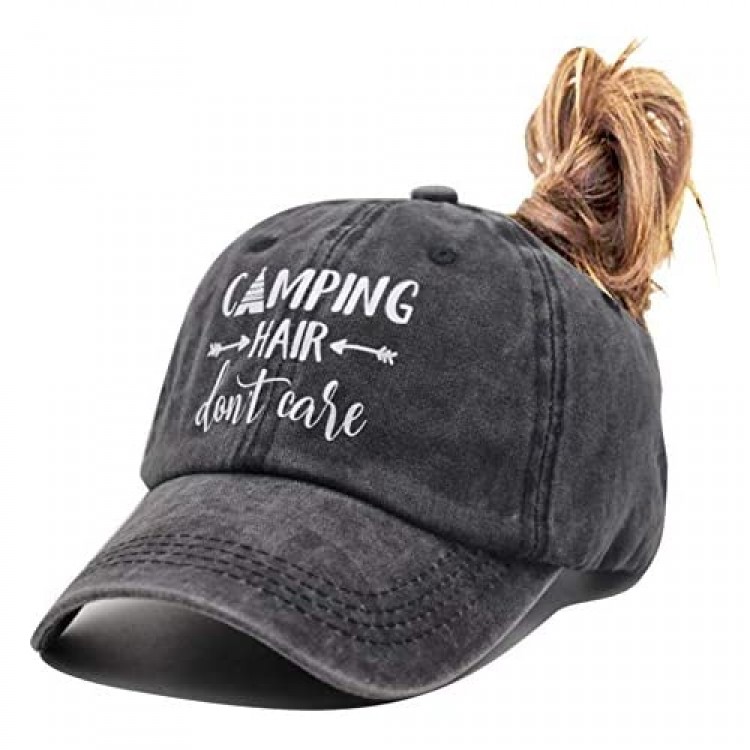 HHNLB Camping Hair Don't Care Ponytail Hat Denim Washed Adjustable Baseball Cap for Women