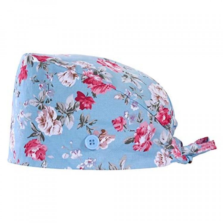 Loiyadn Working Cap with Button and Sweatband Adjustable Tie Back Hat for Women/Men - Light Blue and Flowers