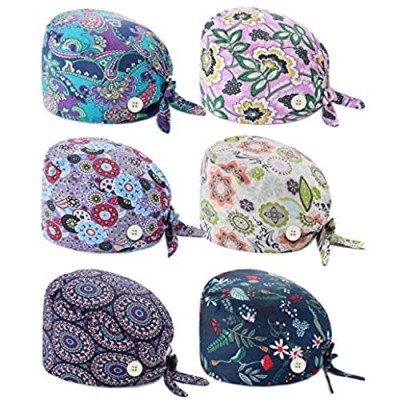 WAINIS 6 Pcs Cute Cotton Printed Working Cap with Button Sweatband Adjustable Tie Back Bouffant Hat for Women Men