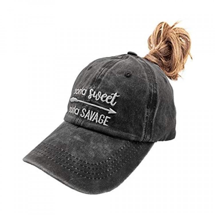 Waldeal Women's Embroidered Sorta Sweet Sorta Savage Ponytail Hat Adjustable Baseball Cap