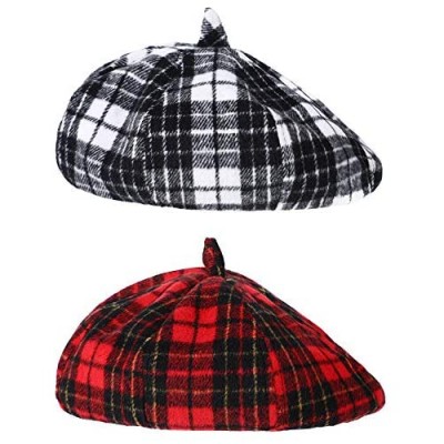 2 Pieces Beret Hats Angora French Beret Caps Plaid Berets Winter Furry Hats