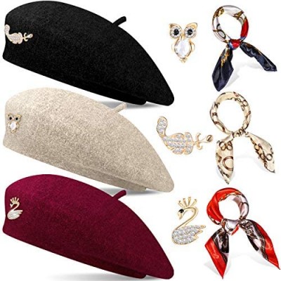 3 Sets Wool Beret Hat French Artist Beret Beanie Hats with Square Satin Neck Head Scarf Rhinestone Brooch for Women Accessories