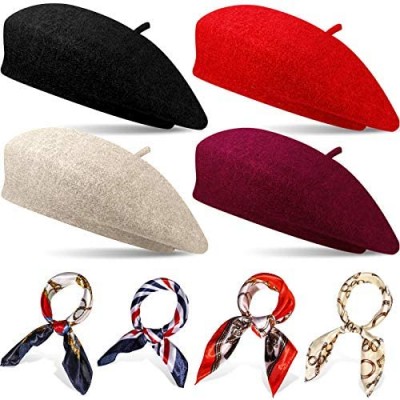 4 Sets French Beret Hat for Women Wool Beret Hat with Square Satin Neck Scarf  Beret Beanie Hats 19.7 x 19.7 Inches Neck Head Scarf for Women