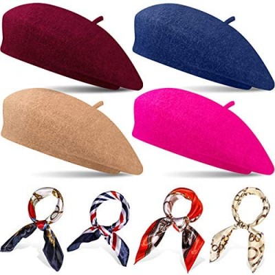 4 Sets Wool Beret Hat French Artist Beret with Square Satin Neck Scarf  Beret Beanie Hats Silk Feeling Neck Head Scarf for Women