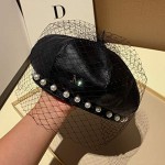 Beret Hat，Leather Beret，French Retro Beret Unique Design Fashion Match，Pearl lace Decoration Simple Casual Pumpkin hat for Ladies Black