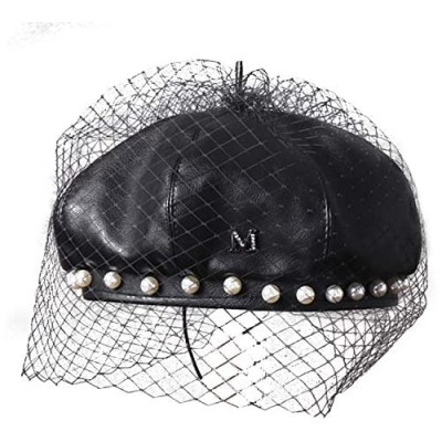 Beret Hat，Leather Beret，French Retro Beret  Unique Design  Fashion Match，Pearl lace Decoration  Simple Casual Pumpkin hat for Ladies Black