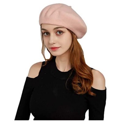 BESHAT Women Berets Wool French Solid Color Beanies Hat Lightweight Warm Casual (Pink)