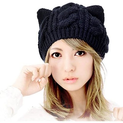 Ewanda store Women Winter Wool Baggy Beret Beanie Cute Devil Cat Ear Crochet Braided Knit Hat Ski Cap