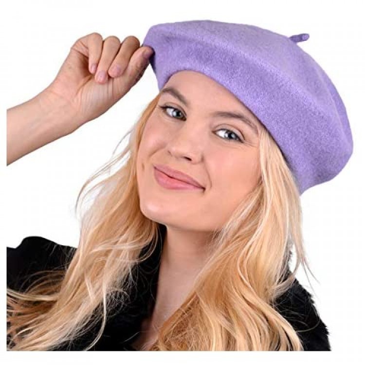 NOLLIA Women's Solid Color French Beret Wool Material. Classic French Casual and Chic Lightweight Beanie Cap Hat Lavender
