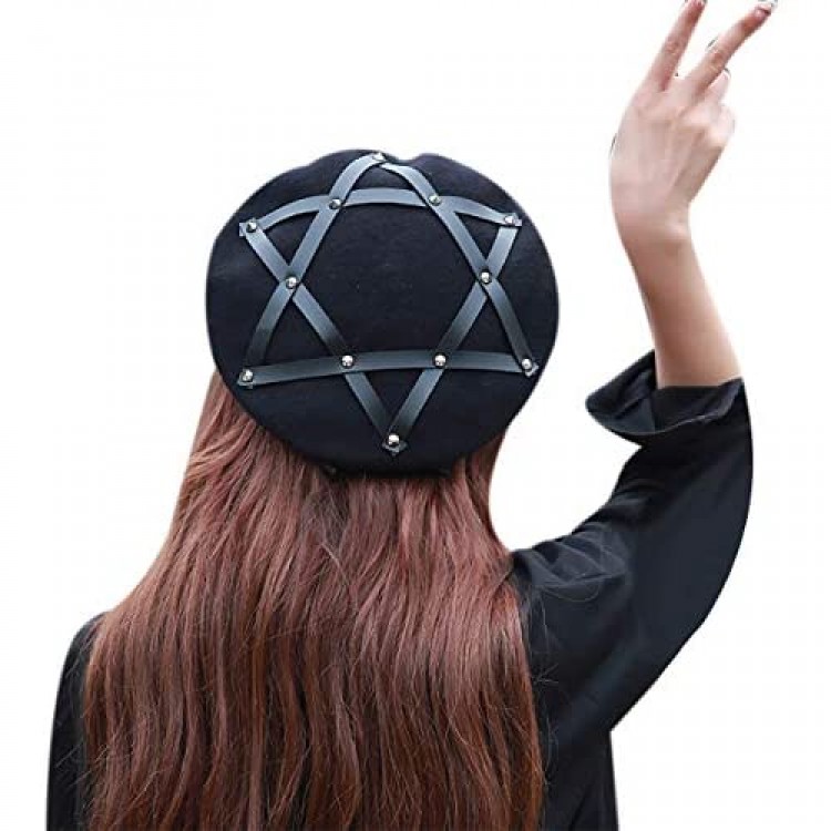 RARITYUS Women Girls Wool French Aritist Beret Hat Fashion Pentagram Cap Adjustable Winter Warm Beanie