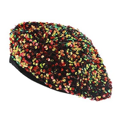 SP Sophia Collection Women's Sparkly Sequin French Style Beret Cap with Velvet Trimming Hat
