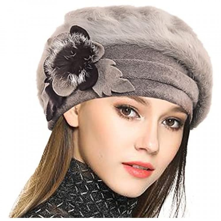 VECRY Lady French Beret 100% Wool Beret Floral Dress Beanie Winter Hat