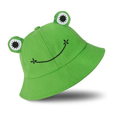Cute Frog Bucket Hat for Teens Adult  Cotton Summer Bucket Sun Hat  Wide Brim Fisherman Hat for Women Men (Green)