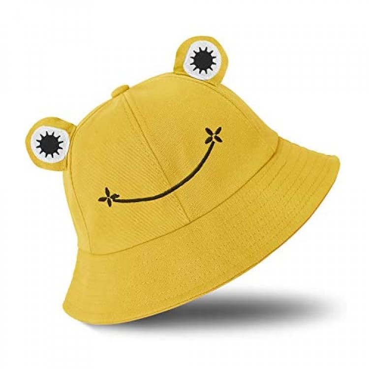 Cute Frog Bucket Hat for Teens Adult Cotton Summer Bucket Sun Hat Wide Brim Fisherman Hat (Green Black Yellow)