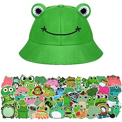 Frog Bucket Hat with 50 Pieces Frog Stickers for Kids Adults  Summer Cute Frog Hat Outdoor Foldable Wide Brim Fisherman Hat Fishing Beach Sun Hat for Women Men