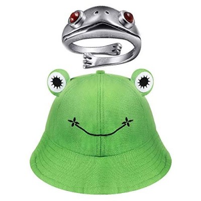 LEAMEERY Frog Bucket Hat for Women Fisherman Sun Hat with Vintage Frog Open Ring