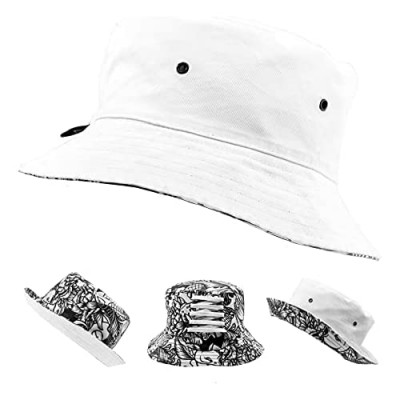 Reversible Classic Cotton White Bucket Hat with Black Print “Koi Fish’ Pattern for Men  Women & Teens. Adjustable with Secret Pocket for Festivals  Beach  Summer  Surf  Street  Camping & Fishing.