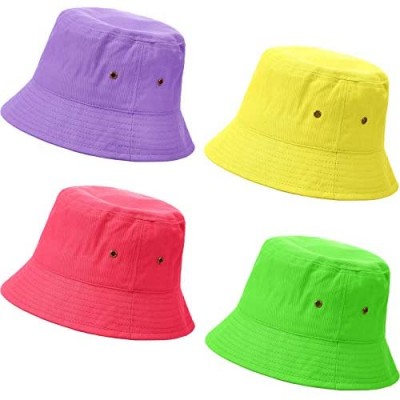 SATINIOR 4 Pieces Bucket Hat Denim Packable Travel Hat Washed Beach Fishing Hat for Men Women Kids (Yellow  Fluorescent Green  Purple  Watermelon Red 58 cm)