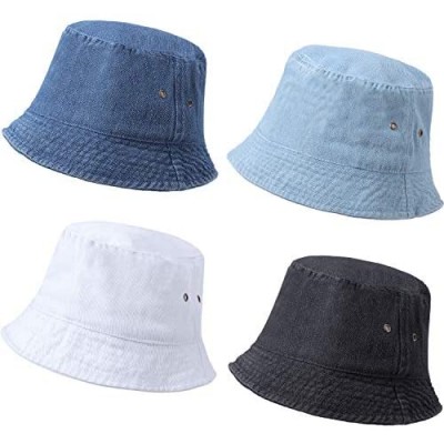 SATINIOR 4 Pieces Bucket Hat Denim Packable Travel Hat Washed Beach Fishing Hat for Men Women Kids (Black  White  Dark Blue  Light Blue  58 cm)