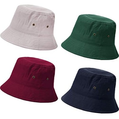 SATINIOR 4 Pieces Bucket Hat Denim Packable Travel Hat Washed Beach Fishing Hat for Men Women Kids (Wine Red  Christmas Green  Grey Khaki  Navy Blue 58 cm)