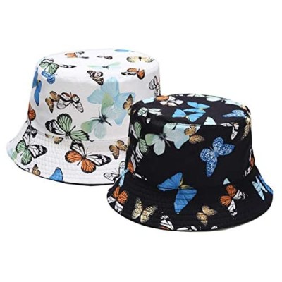 Womens Sun-Bucket-Hat Butterfly-Print Reversible Foldable Summer Sun Protection Fisherman Cap