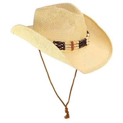 Cute Comfy Flex Fit Woven Beach Cowboy Hat  Western Cowgirl Hat with Wood Bead Hatband Adjustable Chin Strap
