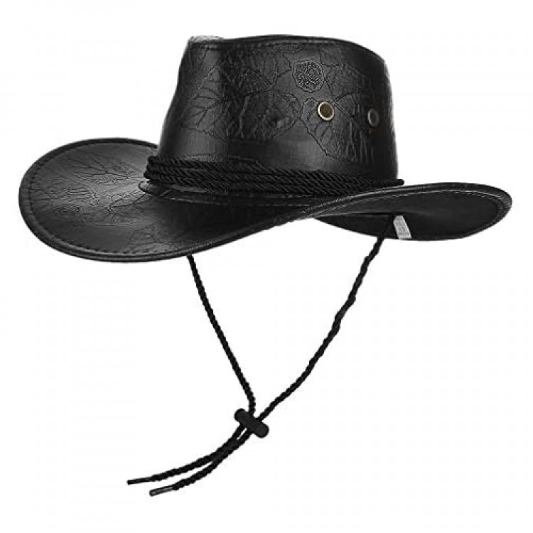 EOZY Men Women Leather Western Cowboy Hat Aussie Outback Down Under Wide Brim Hat with Chin Strap Brown/Black/Red