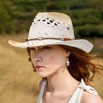 GEMVIE Womens Straw Cowboy Hat Hollow Out Beach Fedora Sun Hat Western Style Cowboy Cowgirls Sun Hat with Beads Band