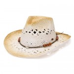 GEMVIE Womens Straw Cowboy Hat Hollow Out Beach Fedora Sun Hat Western Style Cowboy Cowgirls Sun Hat with Beads Band