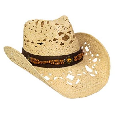 Rising Phoenix Industries Straw Shapeable Cowboy Hat for Women  Western Cowgirl Hat w Faux Leather Wood Bead Hatband