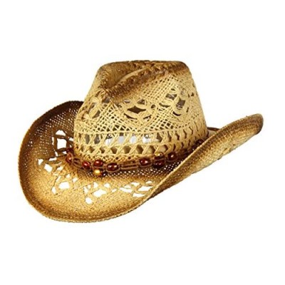 Saddleback Hats Shapeable Toyo Straw Cowboy Hat w/Beaded Trim Band  Western Cowgirl  Natural  One Size
