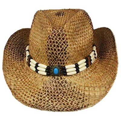 Silver Fever Ombre Woven Straw Cowboy Hat with Cut-Outs Beads  Chin Strap (Beige  Beaded)