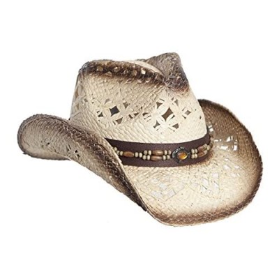 Vamuss Straw Cowboy Hat W/Vegan Leather Band & Beads  Shapeable Brim  Beach Cowgirl