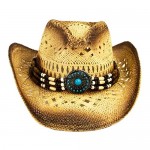 Western Straw Toyo Cowboy Hat with Shapeable Brim Natural Tea Stain Cowgirl Hat with Turquoise Hatband