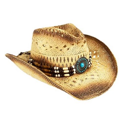 Western Straw Toyo Cowboy Hat with Shapeable Brim  Natural Tea Stain Cowgirl Hat with Turquoise Hatband