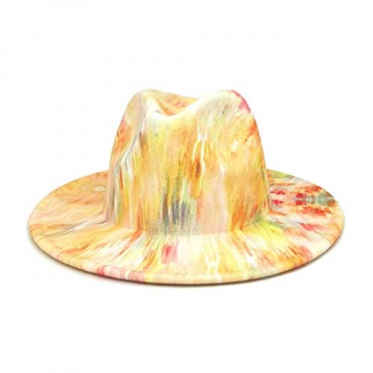 E-G-M Women Fedora Tie-dye Multicolor Wide Brim Felt Panama Hat